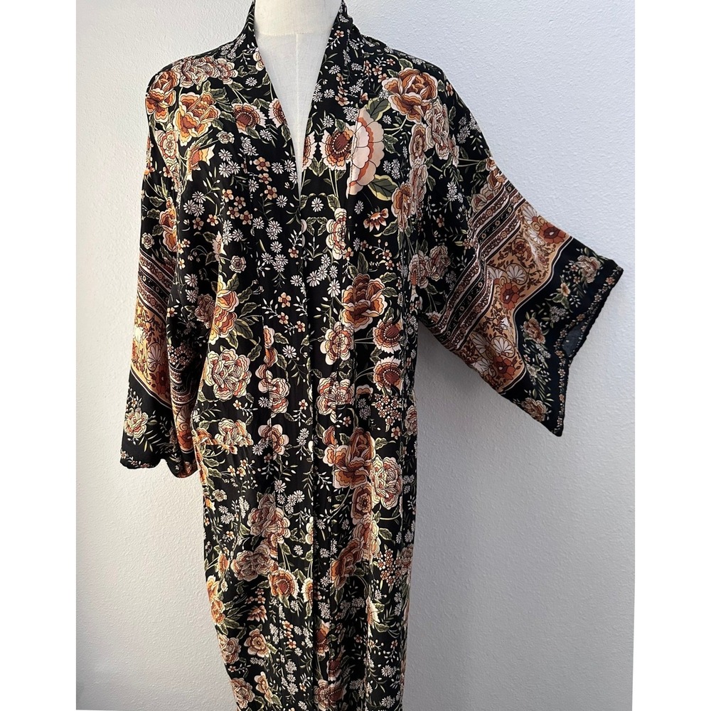 SHEIN Boho Dark Floral Maxi Kimono Robe M Black Longline Duster Cover Up Lounge